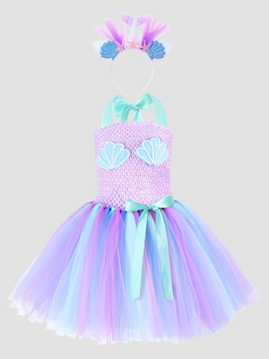 Young Girl Mermaid Shell Princess Dress With Mermaid Headband, Perfect For Party And Cosplay - Lilac Purple - View 1