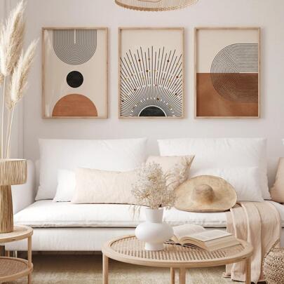 3 件套波西米亚风格中世纪抽象复古绘画阳光几何图形拱门简约墙壁海报帆布印刷现代艺术画适用于客厅卧室办公室装饰，无框，墙壁艺术礼物生日毕业