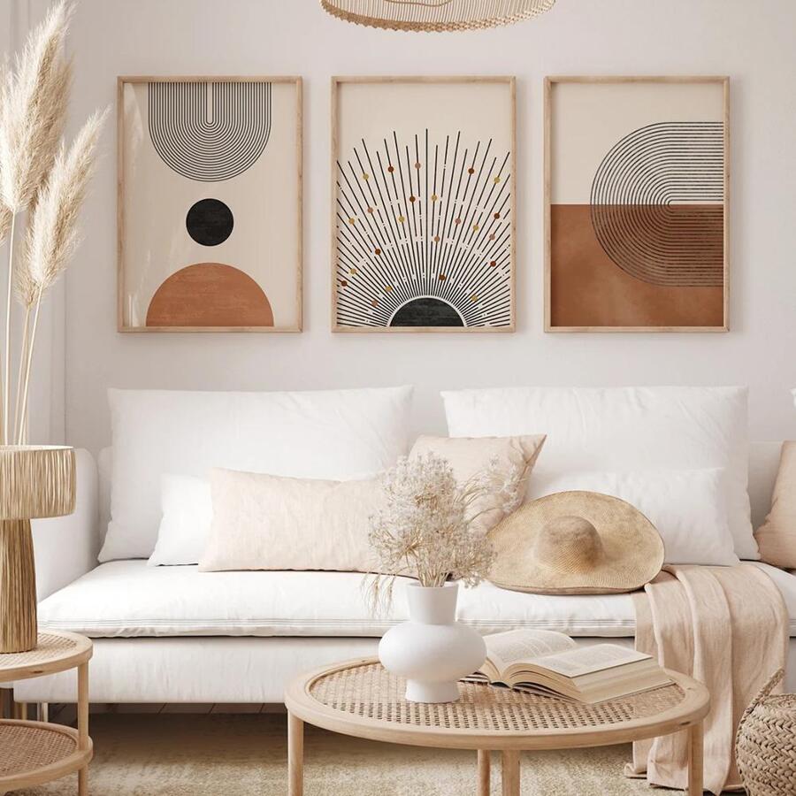 3pcs Bohemian Style Medieval Abstract Vintage Oil Painting, Sun Geometric Pattern Arch Minimalist Wall Sticker Canvas Print Modern Art Painting, Suitable For Living Room, Bedroom, Office Decoration, Unframed, Wall Art Gift, Birthday Graduation Season Applicable - Apricot - View 1