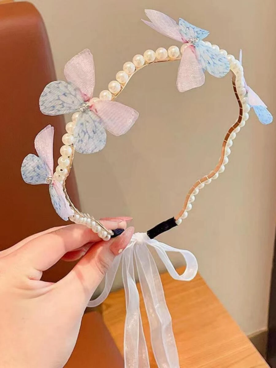 女孩時尚&迷人的蝴蝶裝飾的人造珍珠髮箍 - 彩色 - 查看 1