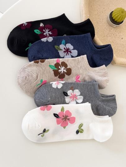 جوارب قصيرة غير مرئية نمط زهري كاجوال الى الحياة اليومية 5 أزواج نساء