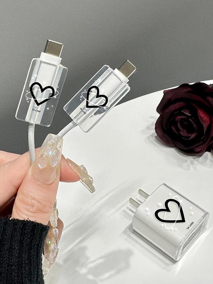 Vỏ bảo vệ cáp dữ liệu hình trái tim màu đen, 20w/18w Tương thích với Apple iPhone 14/15 Sạc nhanh, Bộ sạc chống đứt trong suốt, 2 cái/bộ
