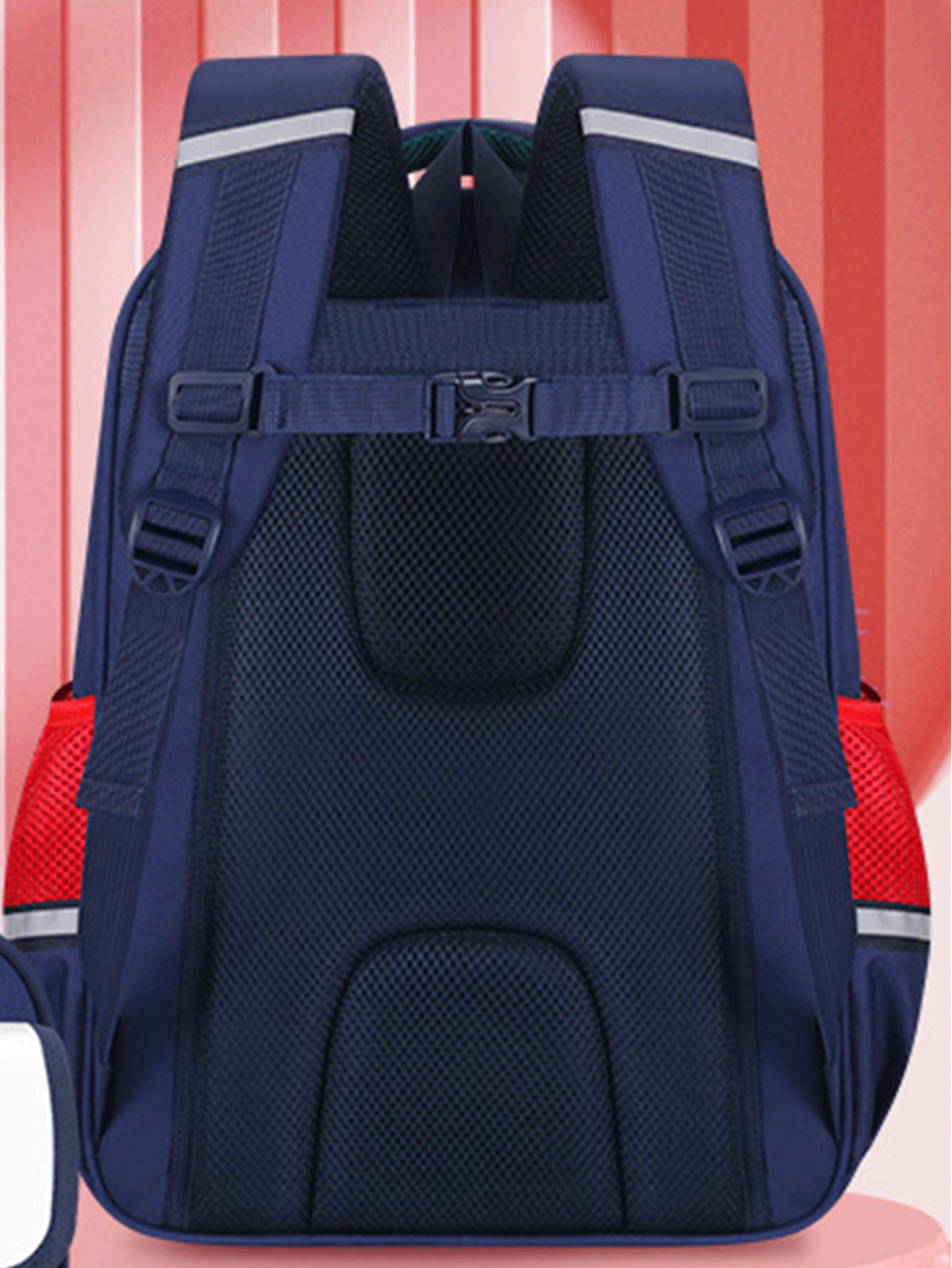 Kids Colour Block Letter Patch Decor Mesh Panel Polyester Zipper Functional Backpack - Royal Blue - View 3