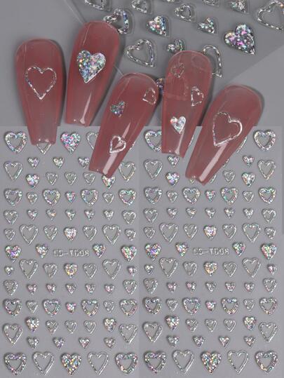 FULL BEAUTY 2pcs Holographic Reliefs Nail Stickers Sweet Heart Sparkly Glitter Decals DIY Wedding Decoration Sliders Acrylic Nail Art