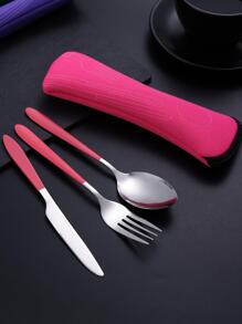 5件式紫色布袋便攜式餐具組（含刀、叉、湯匙、筷子） - 紫色 - 查看 4