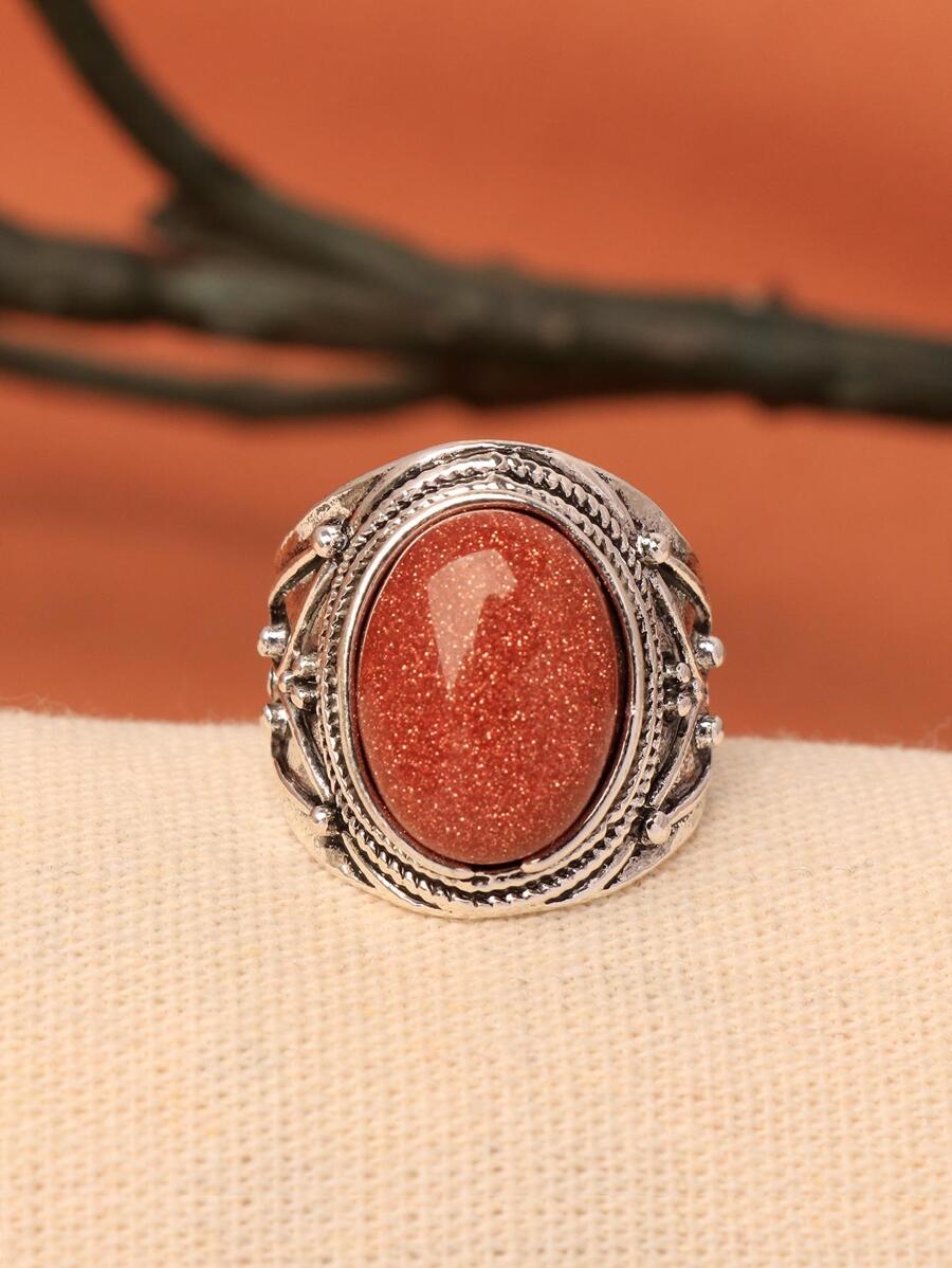 1 Vintage Nhẫn Hợp Kim Với Khảm Đá Pyrite Tự Nhiên, Hoàn Hảo Cho Đeo Hàng Ngày Để Trang Trí Hàng Ngày - trái cam - Xem 1
