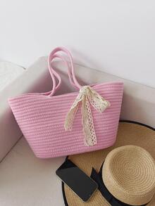 Large-capacity Fashionable And Simple Holiday Rope Tote Bag - Pink - View 3