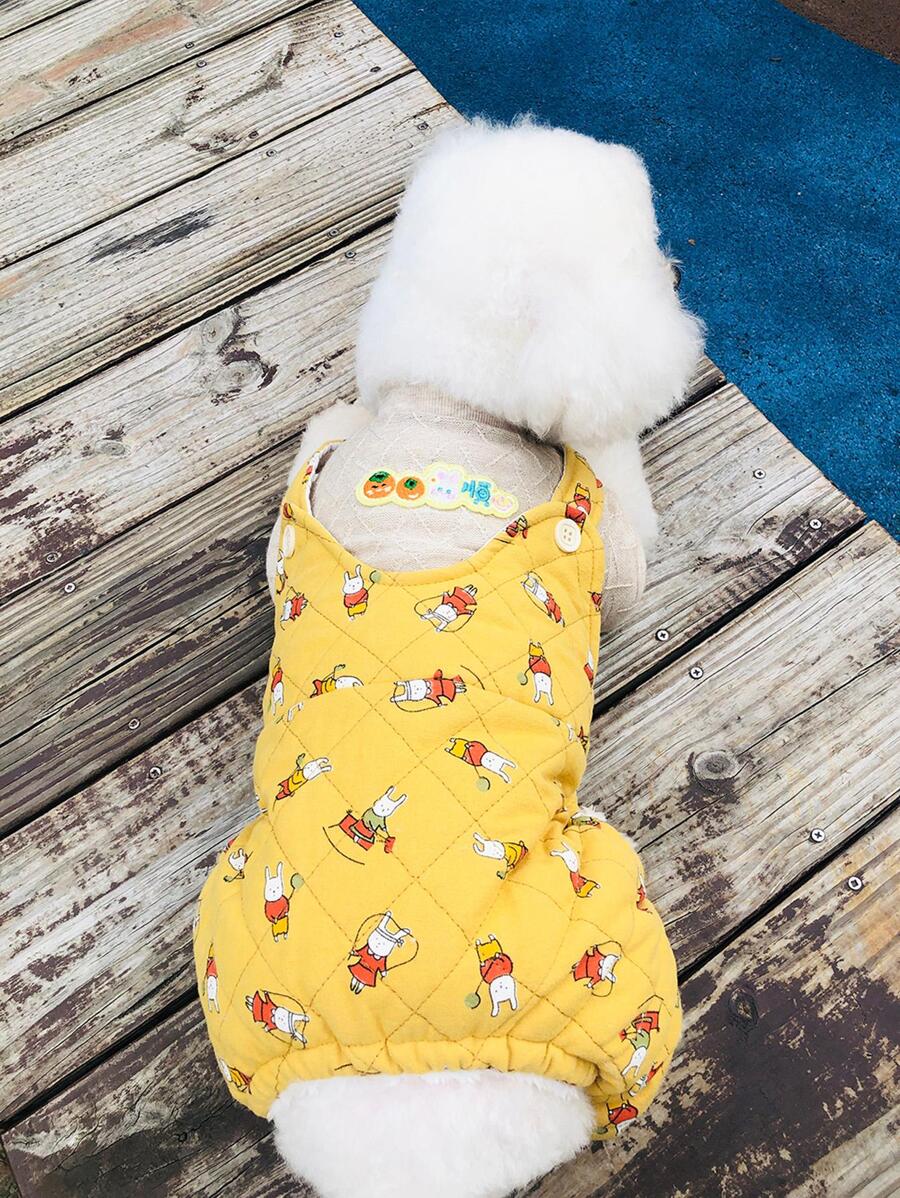 1 pieza Overol amarillo con estampado de conejo de dibujos animados espesar de mascota adecuado para perros , para clima frío - Amarillo - Ver 1