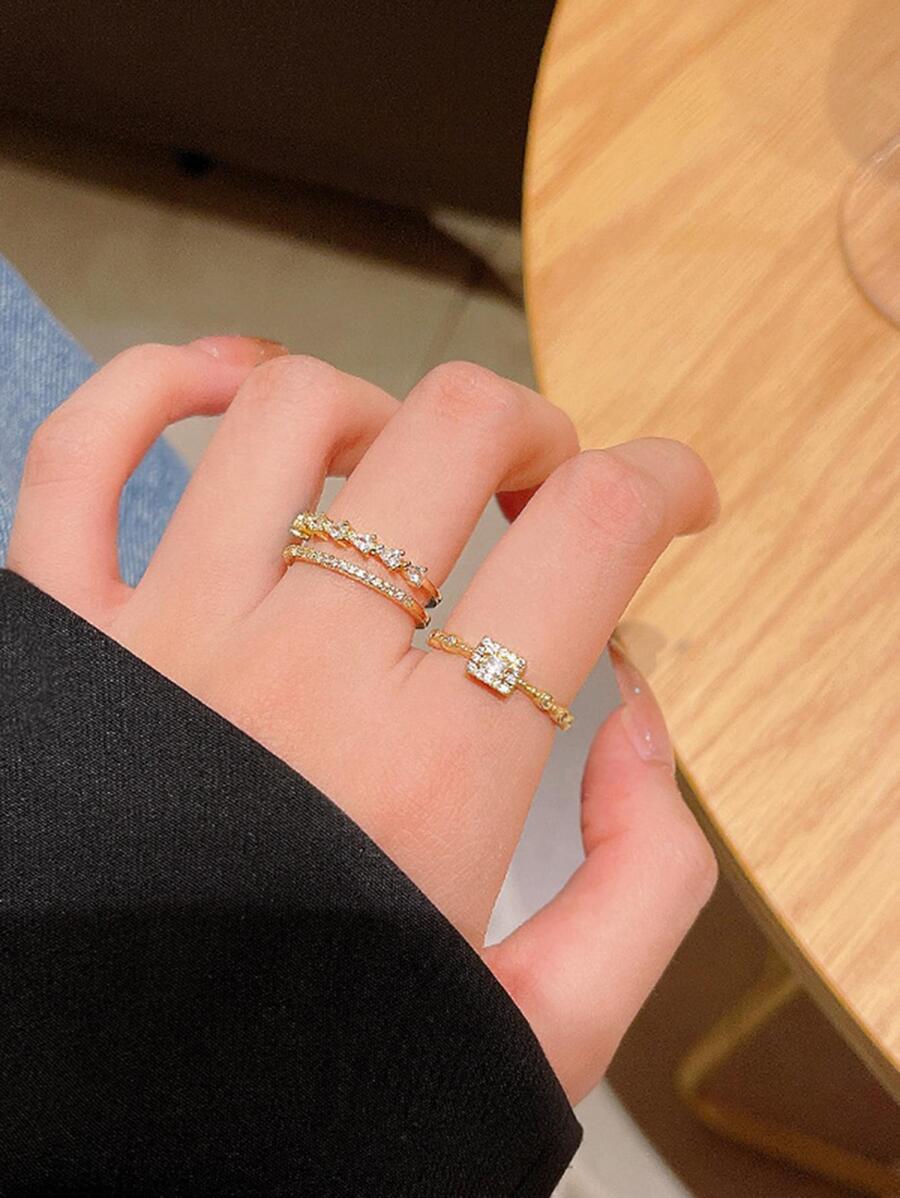 2pcs/Set Cubic Zirconia Decor Ring - Yellow Gold - View 1