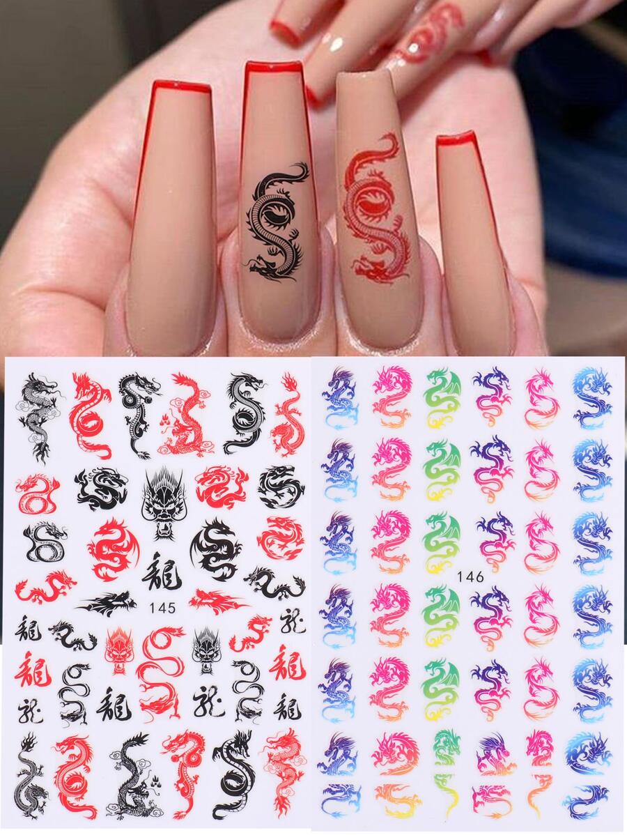 FULL BEAUTY Chinese Dragon Nail Stickers 2pcs White Red Colorful Dragon Nail Decals DIY Adhesive Nail Art Decoration - Multicolor - View 1