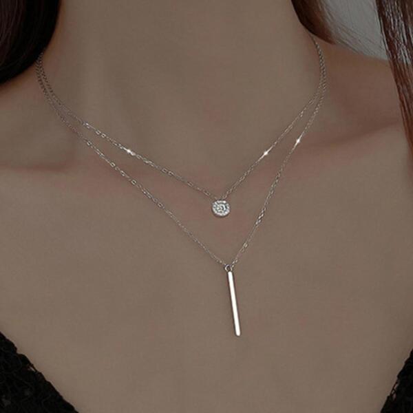 1pc Simple & Fashionable Geometry Cz Inlaid Long Bar & Round Dual Layered Pendant Necklace Suitable For Women's Daily Wear
