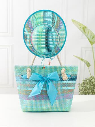 蝴蝶結裝飾的撞色托特包附帽子