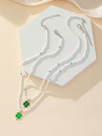 2入組波西米亞風格四葉草串珠項鍊套裝,適用於最好的朋友/戀人/女性