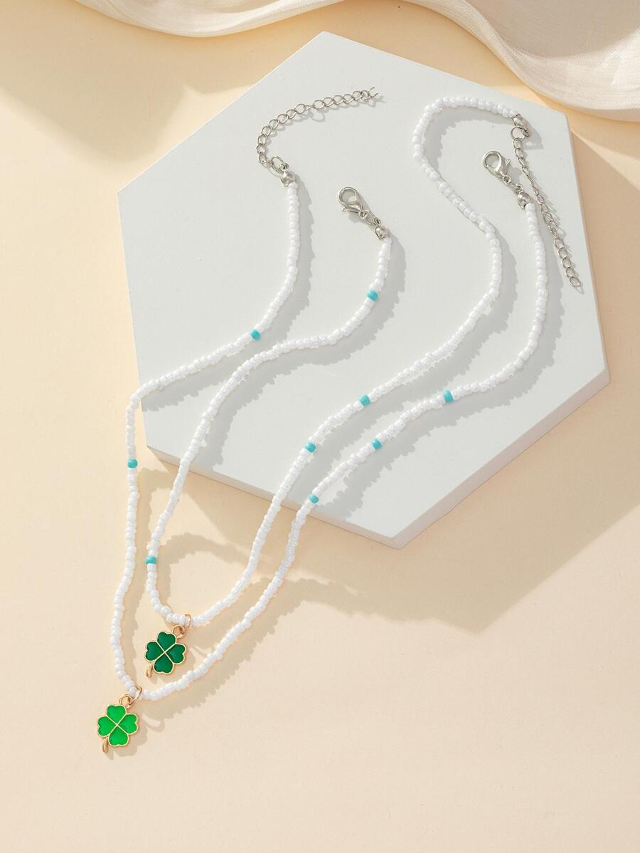 2入組波西米亞風格四葉草串珠項鍊套裝,適用於最好的朋友/戀人/女性