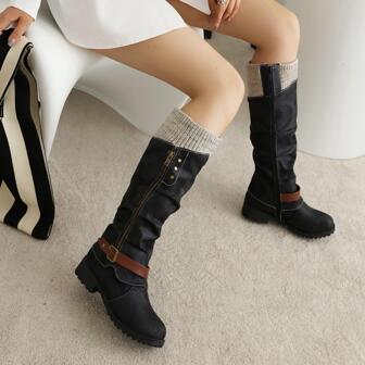 Vintage Western Style Mid-Calf Boots For Women, Warm Anti-Slip Flat Winter Long Boots