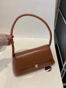 復古柔軟面PU皮革金屬鎖裝飾雙層夾殼經典風格包女士肩袋新女士小包手提斜挎小方包 - 查看 2