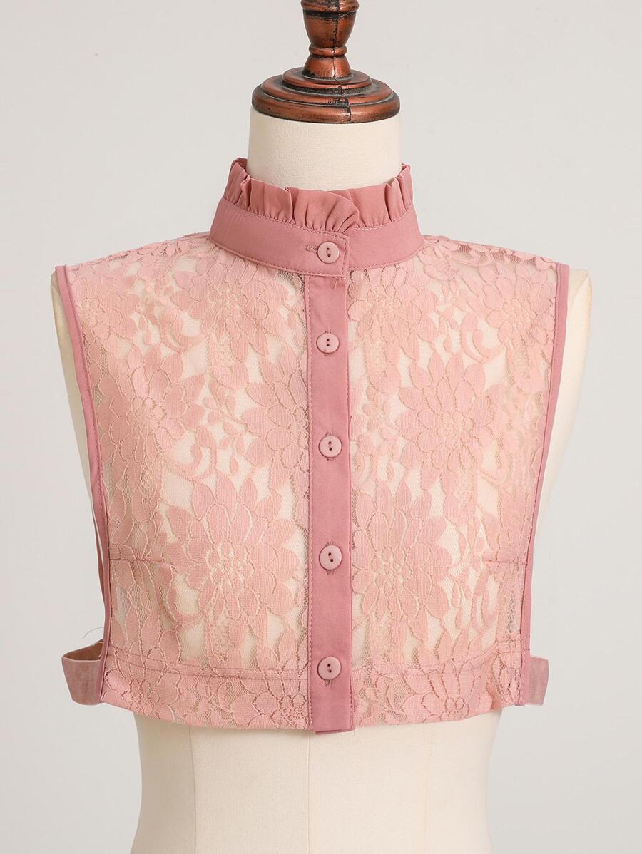 Frill Trim Button Front Lace Faux Collar - Hot Pink - View 1