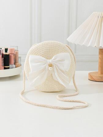 Mini Khaki Cross-body Woven Bag With Bow-knot Accessories