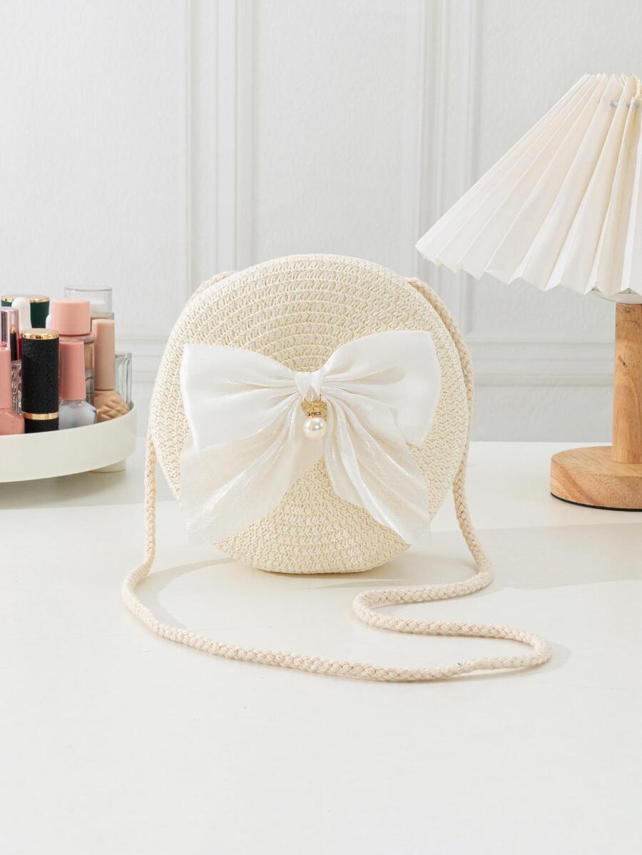 YL 迷你卡其色斜挎编织包，配蝴蝶结配饰，时尚女士蝴蝶结钱包 - 米色 - 查看 1