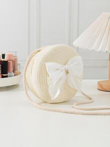 YL 迷你卡其色斜挎编织包，配蝴蝶结配饰，时尚女士蝴蝶结钱包 - 米色 - 查看 2