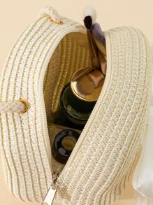YL 迷你卡其色斜挎编织包，配蝴蝶结配饰，时尚女士蝴蝶结钱包 - 米色 - 查看 4