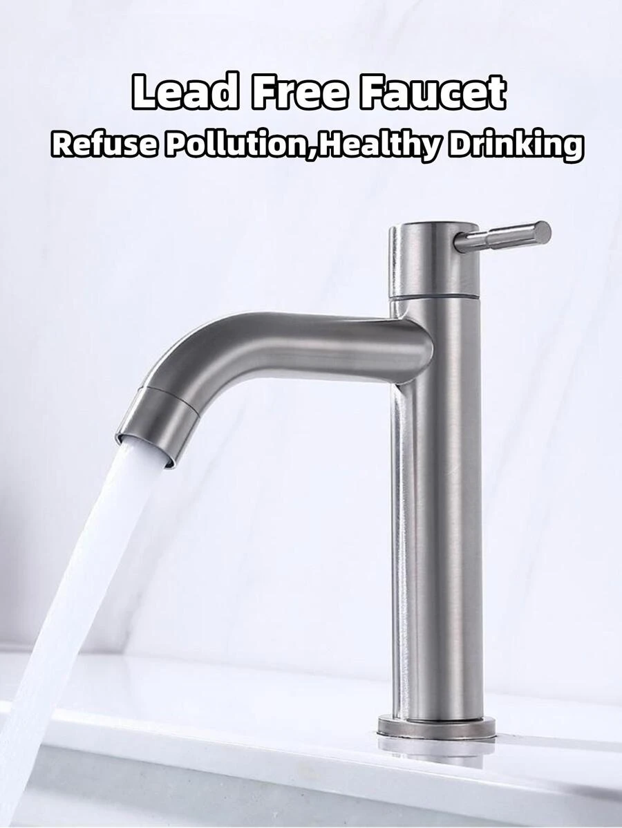 304 不銹鋼彎嘴水龍頭，適用於家庭浴室或室外水槽，冷水或冷熱雙手柄，標準接口 - 銀色 - 查看 1