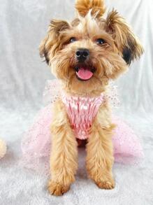 1pc Mesh Ribbon, Sparkly Lace, Wing Sleeved Pet Dress Suitable For Spring, Summer Daily Wear And Wedding - Pink - View 5