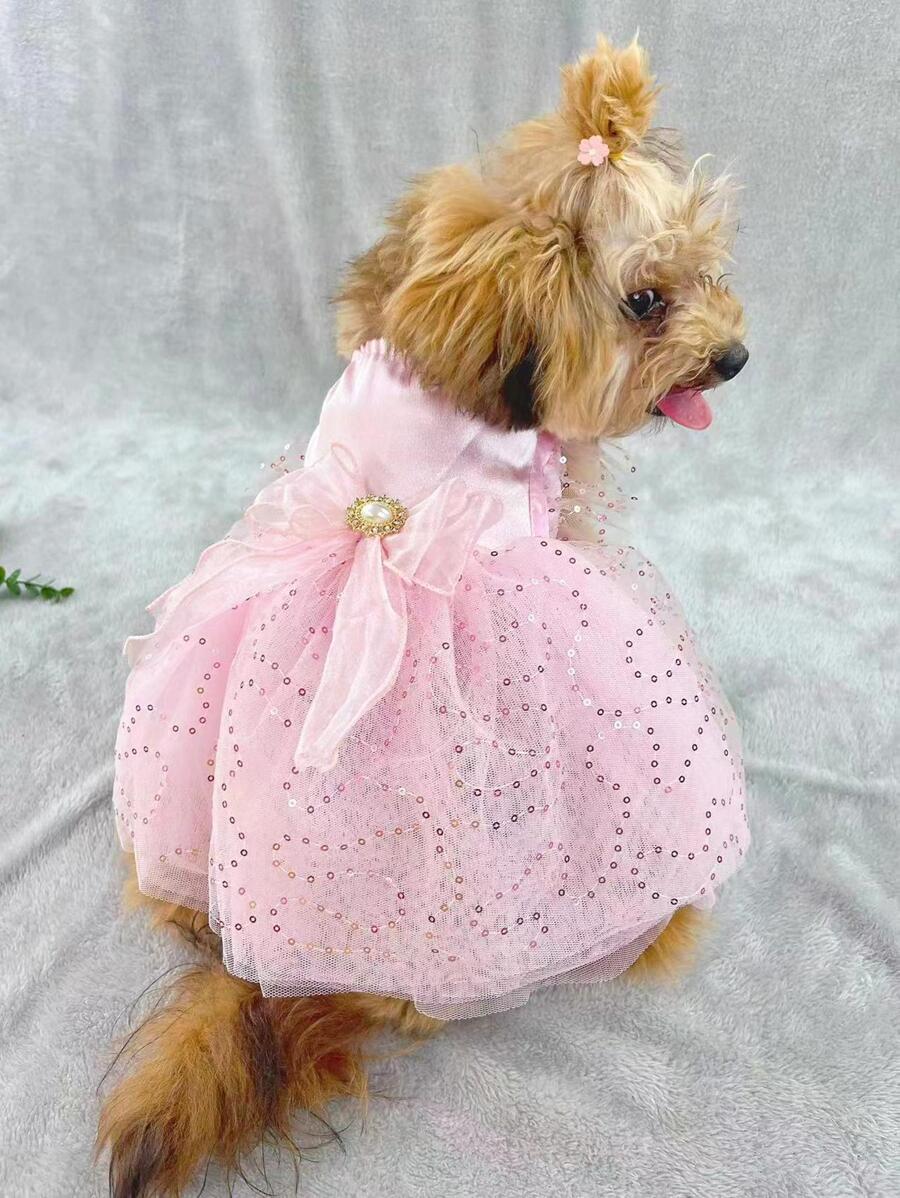 1pc Mesh Ribbon, Sparkly Lace, Wing Sleeved Pet Dress Suitable For Spring, Summer Daily Wear And Wedding - Pink - View 1