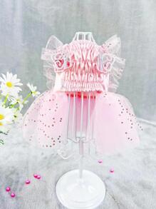 1pc Mesh Ribbon, Sparkly Lace, Wing Sleeved Pet Dress Suitable For Spring, Summer Daily Wear And Wedding - Pink - View 3
