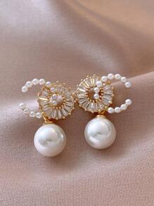 1pair Exquisite & Charming & Luxurious & Shiny & Elegant Faux Pearl & Cubic Zirconia Earrings, Ideal For Dating Gift And Decoration - Yellow Gold - View 1