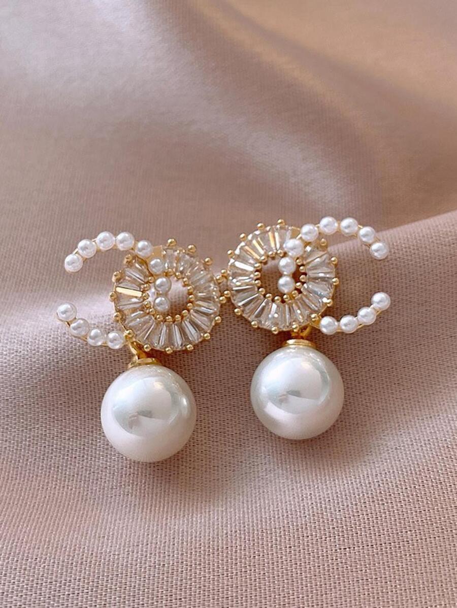 1pair Exquisite & Charming & Luxurious & Shiny & Elegant Faux Pearl & Cubic Zirconia Earrings, Ideal For Dating Gift And Decoration - Yellow Gold - View 1