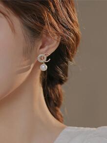 1pair Exquisite & Charming & Luxurious & Shiny & Elegant Faux Pearl & Cubic Zirconia Earrings, Ideal For Dating Gift And Decoration - Yellow Gold - View 3