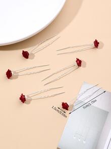 6入組花朵裝飾婚禮髮夾 - 酒紅色 - 查看 3