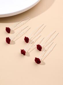 6入組花朵裝飾婚禮髮夾 - 酒紅色 - 查看 1