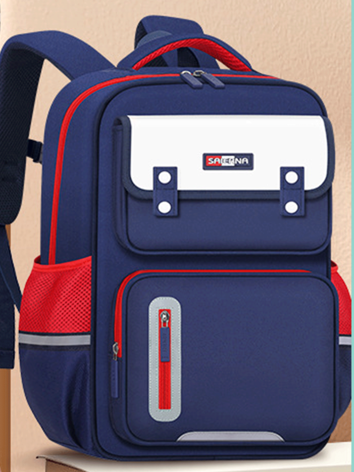 Kids Colour Block Letter Patch Decor Mesh Panel Polyester Zipper Functional Backpack - Royal Blue - View 2