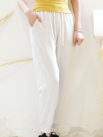 Drawstring Waist Slant Pocket Solid Joggers