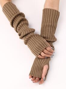 1 Pair Solid Striped Casual Street Style Acrylic Knit Jacquard Y2K Long Fingerless Gloves, Warm And Fashionable Arm Sleeves For Fall & Winter, Daily Outfit Accessory - Khaki - View 2
