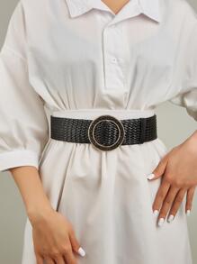 Round Buckle Woven Belt - Black - View 1