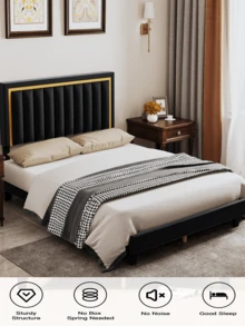 Full Size Velvet Upholstered Platform Bed, Bed Frame with Adjustable Tufted Headboard and Heavy Duty Metal Foundation with Wood Slats Supports No Box Spring Needed (Black) - 黑色 - 查看 1