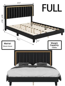 Full Size Velvet Upholstered Platform Bed, Bed Frame with Adjustable Tufted Headboard and Heavy Duty Metal Foundation with Wood Slats Supports No Box Spring Needed (Black) - 黑色 - 查看 3