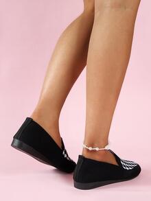 Women Houndstooth Pattern Slip-on Flat Loafers, Elegant Fabric Flat Shoes - Black - View 3