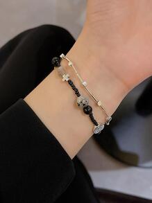 雙層復古黑色串珠愛心掛飾手環適合女士 - 黑色 - 查看 4