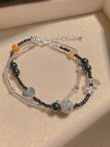 雙層復古黑色串珠愛心掛飾手環適合女士 - 黑色 - 查看 3