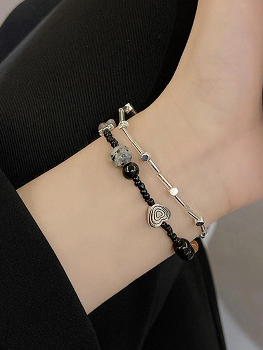 雙層復古黑色串珠愛心掛飾手環適合女士 - 黑色 - 查看 1