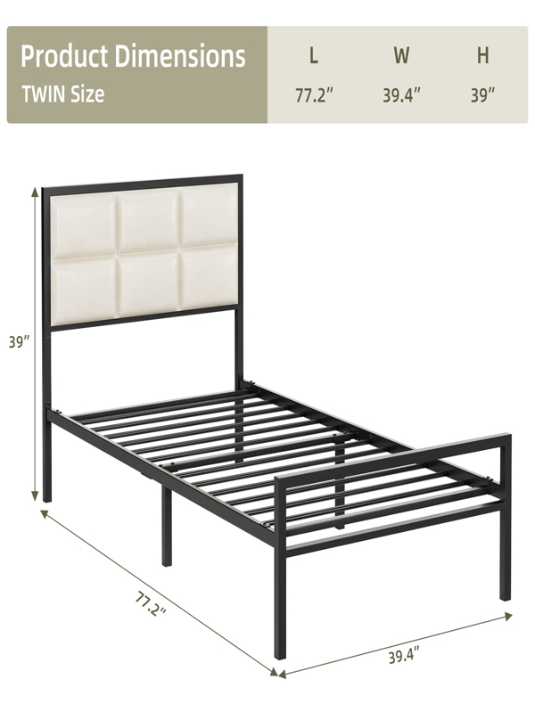 Queen Metal Bed Frame with Faux Leather Headboard, Platform Bed Frame