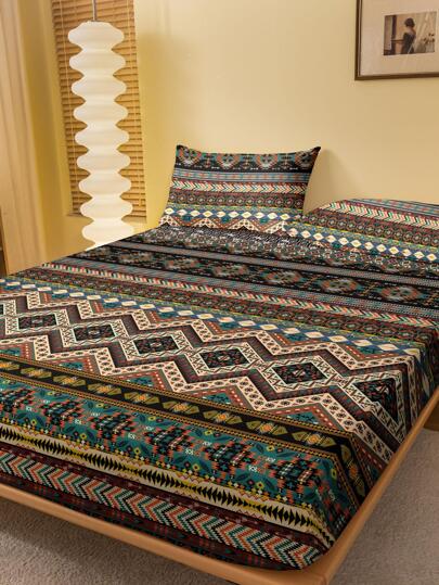 1pc Bohemian Style Printed Brushed Bedding Sheet, Breathable Fitted Sheet, Suitable For Bedroom & Dorm Use