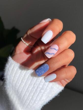 提升你風格帶24入組金屬亮絲漩渦短方形全覆蓋假指甲成套工具