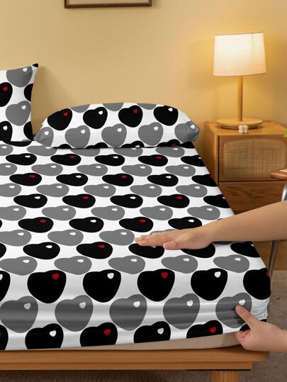 1pc Fashionable And Simple Heart Printed Brushed Bed Cover Skin-Friendly Breathable Dust-Proof Fitted Sheet For Dormitory And Bedroom Home Bedding Products