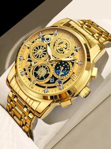 BINBOND 奢侈品牌时尚男士金表不锈钢石英表男士商务日期显示水钻手表男士石英钟 - 金色 - 查看 2