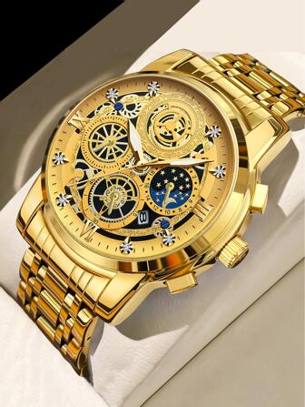  BINBOND 奢侈品牌时尚男士金表不锈钢石英表男士商务日期显示水钻手表男士石英钟